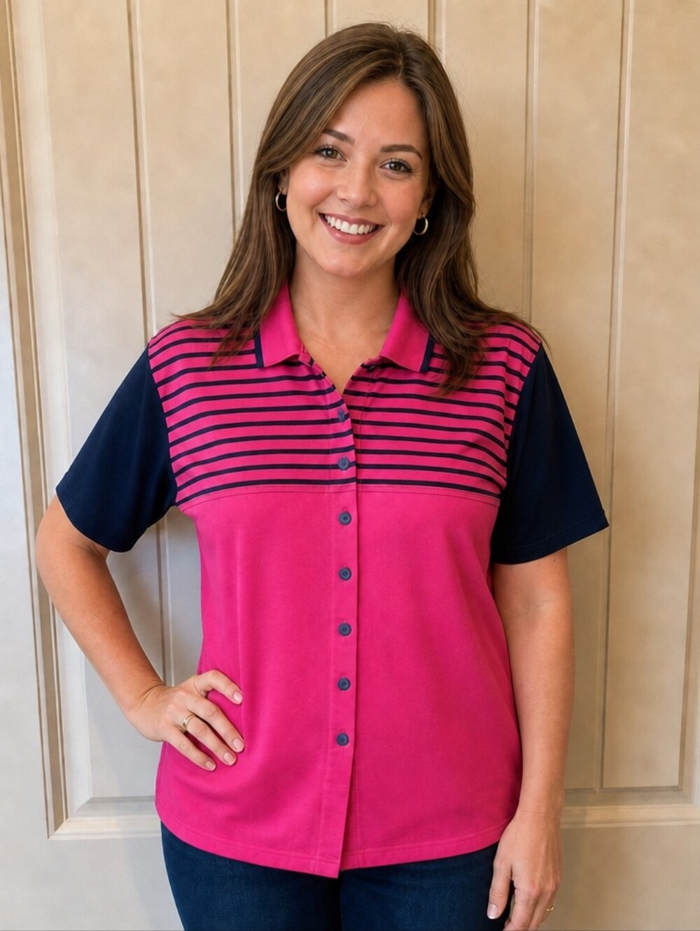 NWT Vintage Gina Peters Pink & Navy Striped Button Front Polo Shirt Large